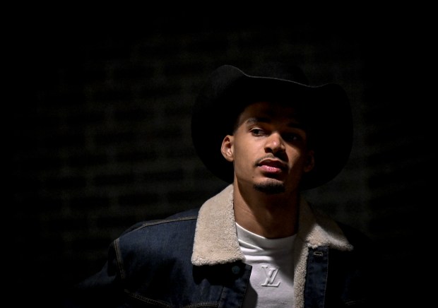 Victor Wembanyama of the San Antonio Spurs sports a black cowboy hat after the NBA All-Star Rising Stars game at Gainbridge Fieldhouse in Indianapolis, Indiana on Friday, Feb. 16, 2024. (Photo by AAron Ontiveroz/The Denver Post)