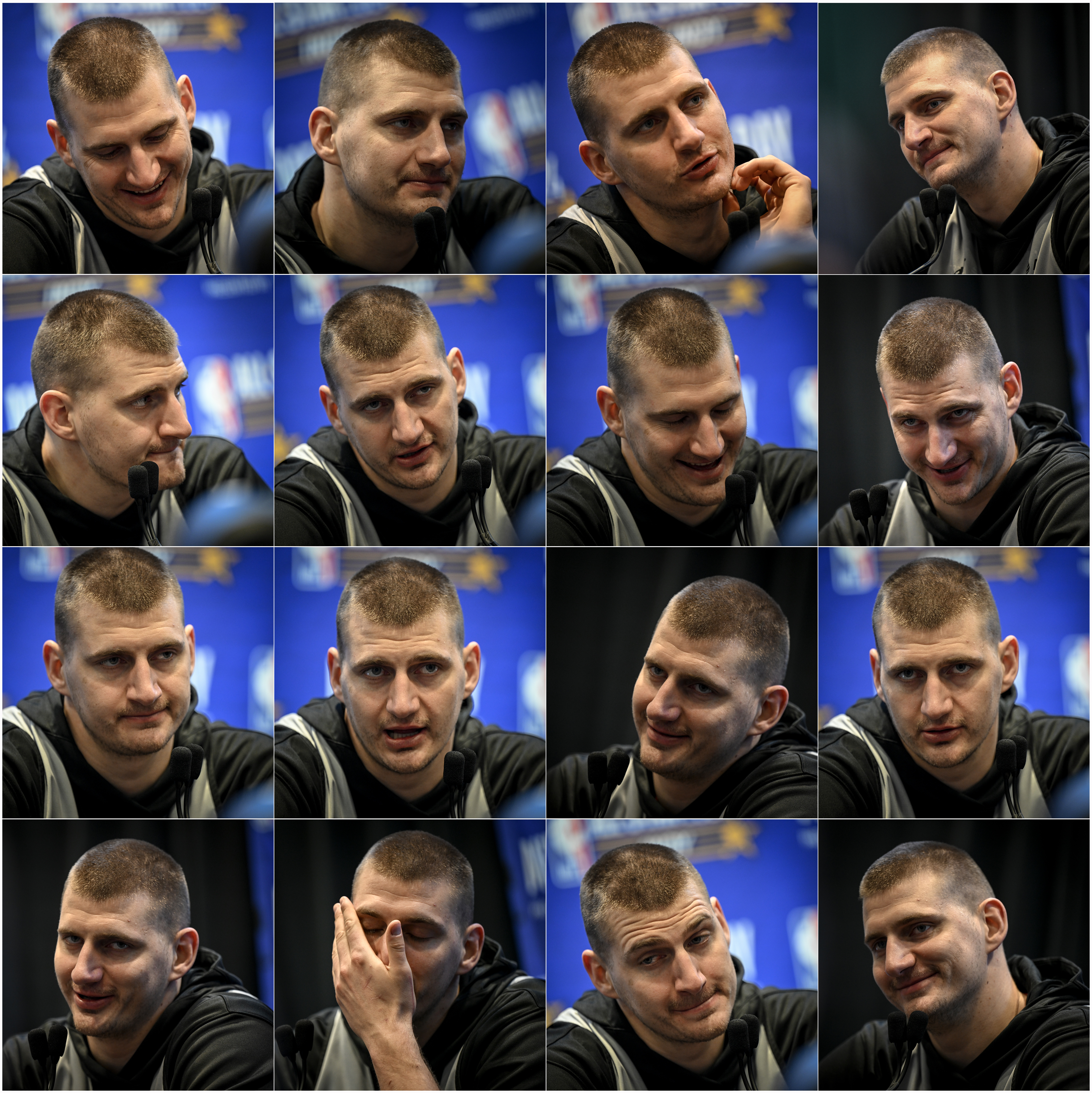 Nikola Jokic (15) of the Denver Nuggets speaks during the NBA All-Star media day at Gainbridge Fieldhouse in Indianapolis, Indiana on Saturday, Feb. 17, 2024. (Photo by AAron Ontiveroz/The Denver Post)