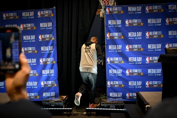 Nikola Jokic (15) of the Denver Nuggets exits after speaking during the NBA All-Star media day at Gainbridge Fieldhouse in Indianapolis, Indiana on Saturday, Feb. 17, 2024. (Photo by AAron Ontiveroz/The Denver Post)