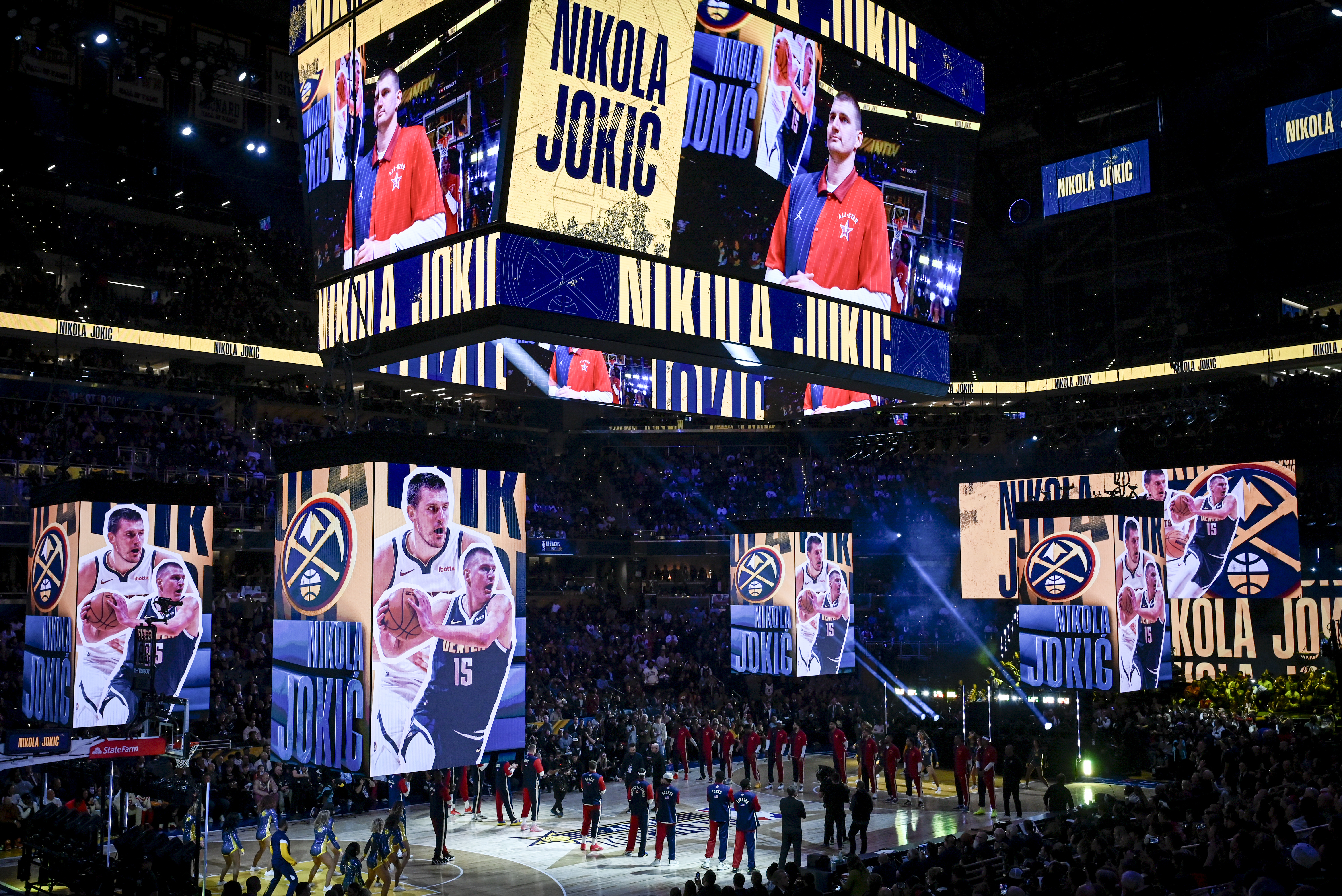 Nikola Jokic (15) of the Denver Nuggets is introduced during the NBA All-Star game at Gainbridge Fieldhouse in Indianapolis, Indiana on Sunday, Feb. 18, 2024. (Photo by AAron Ontiveroz/The Denver Post)