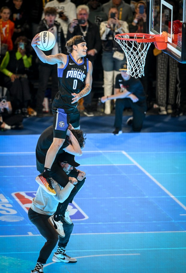 Mac McClung (0) of the Osceola Magic during the NBA All-Star Slam Dunk Contest at Lucas Oil Stadium in Indianapolis, Indiana on Saturday, Feb. 17, 2024. (Photo by AAron Ontiveroz/The Denver Post)