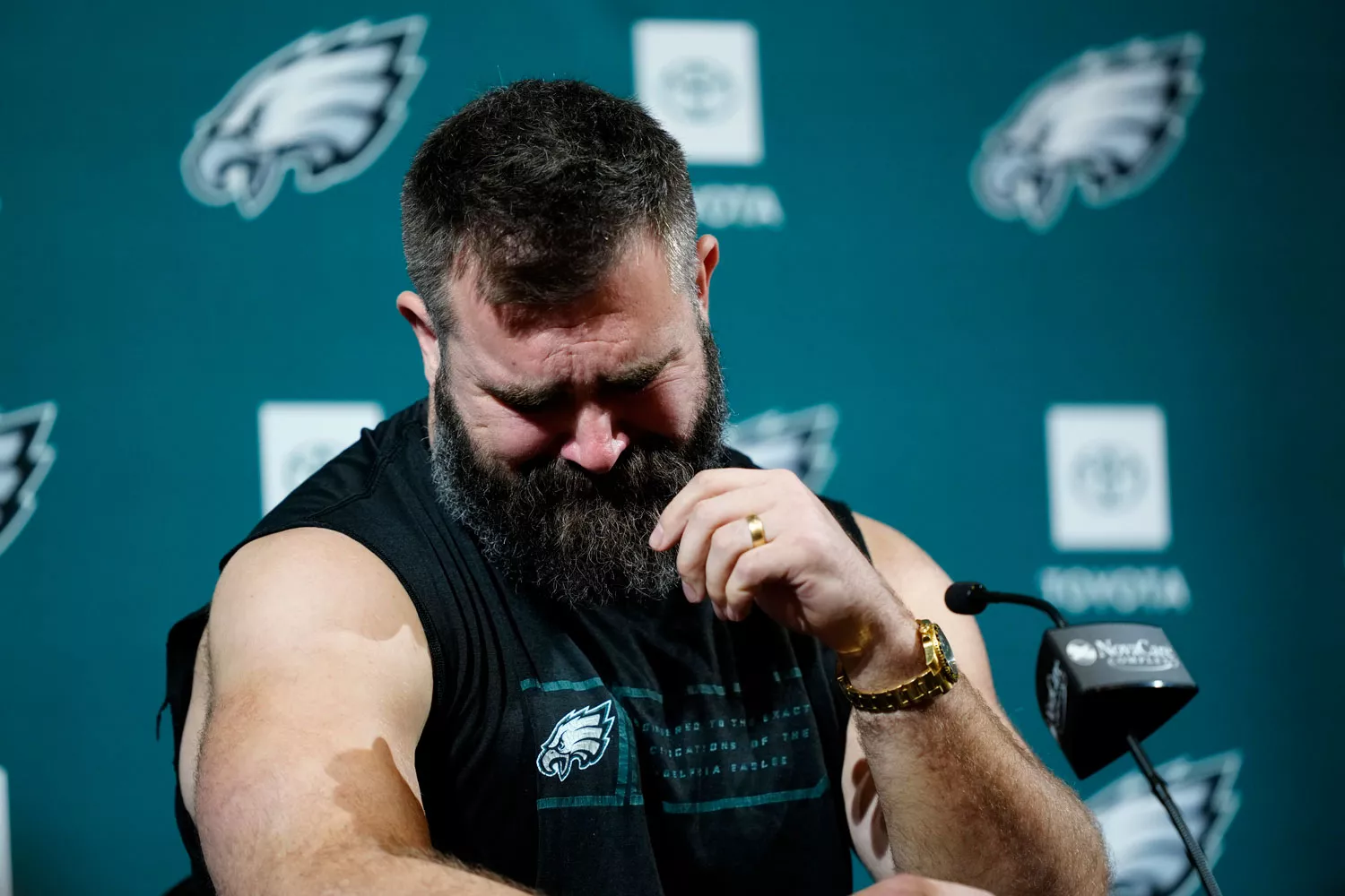 Philadelphia Eagles' Jason Kelce reacts during an NFL football press conference announcing his retirement in Philadelphia, Monday, March 4, 2024