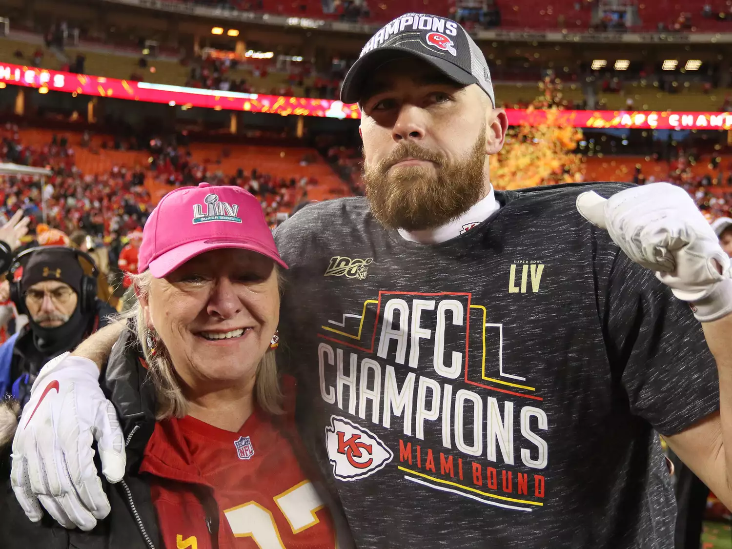 Kansas City Chiefs tight end Travis Kelce (87) and his mother Donna fight back tears of joys after the AFC Championship game between the Tennessee Titans and Kansas City Chiefs on January 19, 2020 at Arrowhead Stadium in Kansas City, MO