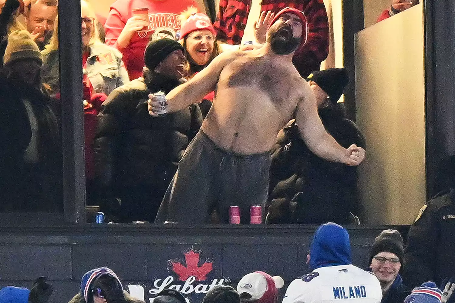 Jason Kelce #62 of the Philadelphia Eagles celebrates after the Kansas City Chiefs score a touchdown during the first half of the AFC Divisional Playoff game against the Buffalo Bills at Highmark Stadium on January 21, 2024 in Orchard Park, New York.