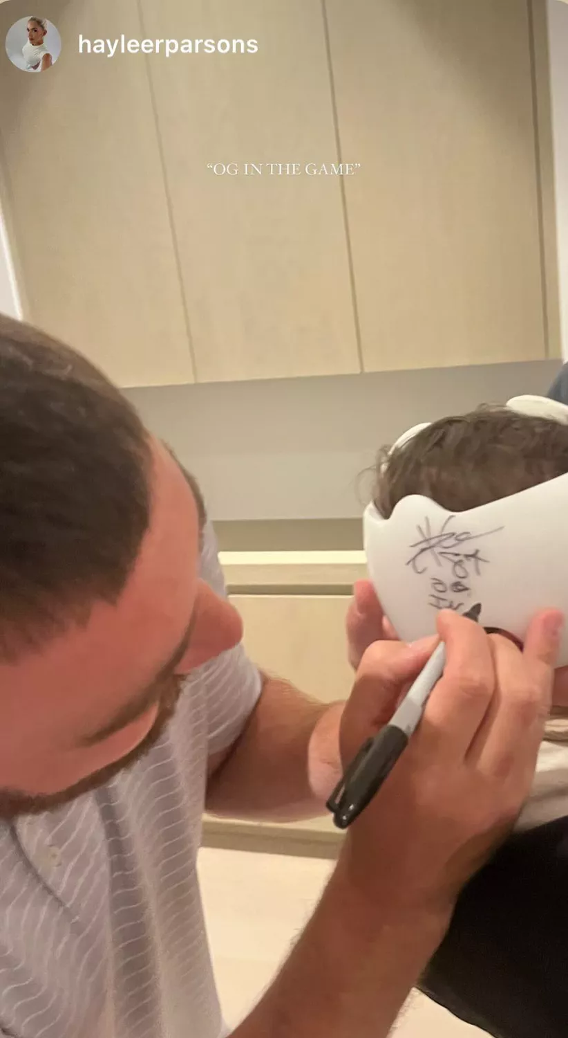 Travis Kelce Adorably Signs His Friend Chandler Parson's Son's Cranial Helmet: 'Uncle Trav's in Town!'