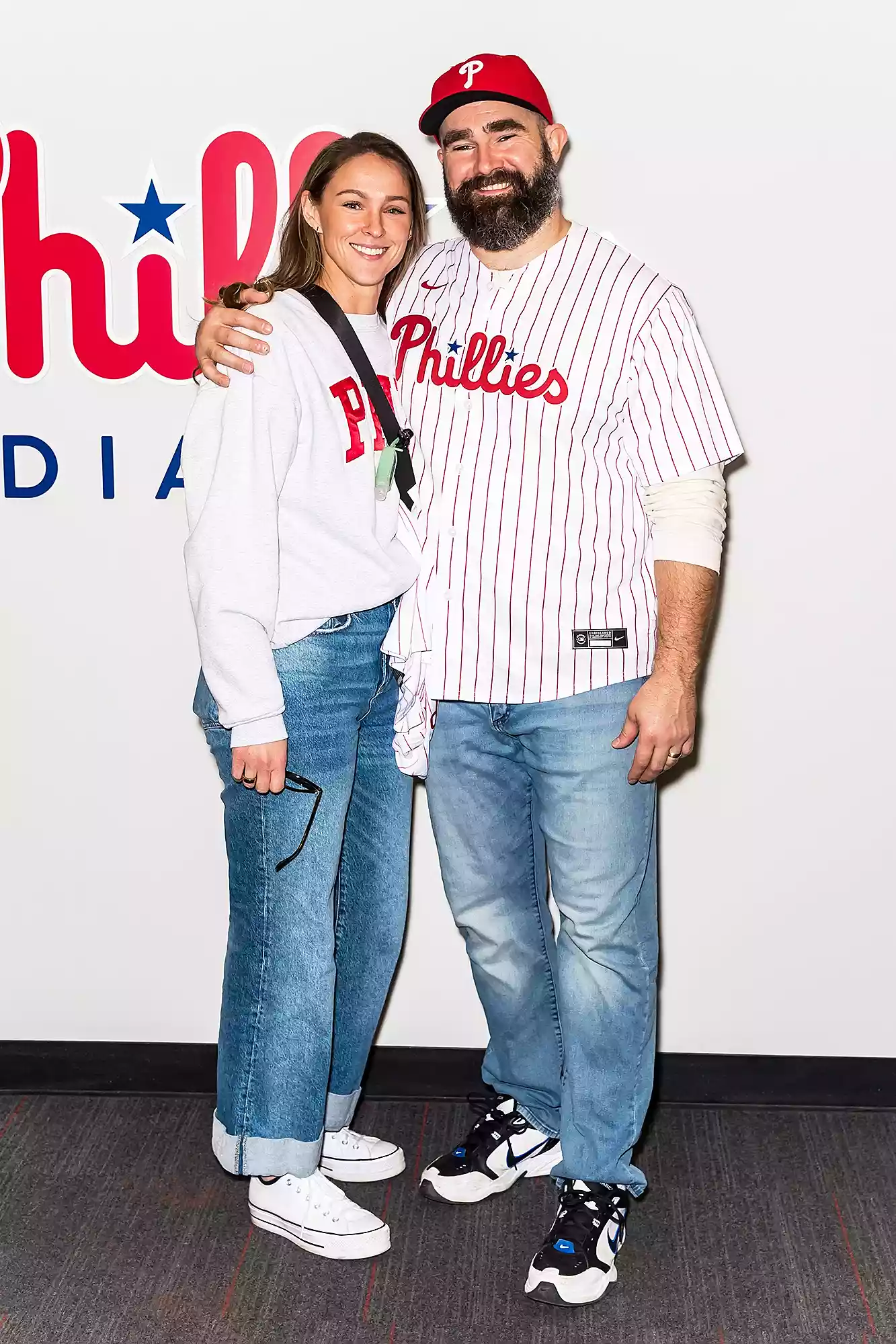 Philadelphia Eagles stars and recently retired players Jason Kelce and Fletcher Cox throw out the ceremonial first pitches at the Atlanta Braves vs Philadelphia Phillies at Citizens Bank Park on March 30, 2024 in Philadelphia, Pennsylvania, USA. Jason Kelce's wife Kylie Kelce and Fletcher Cox's girlfriend Kaycee Marchetti also attended the game.