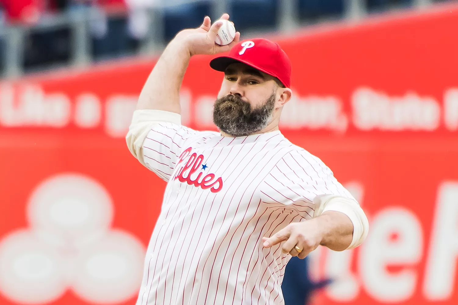 Philadelphia Eagles stars and recently retired players Jason Kelce and Fletcher Cox throw out the ceremonial first pitches at the Atlanta Braves vs Philadelphia Phillies at Citizens Bank Park on March 30, 2024 in Philadelphia, Pennsylvania, USA. Jason Kelce's wife Kylie Kelce and Fletcher Cox's girlfriend Kaycee Marchetti also attended the game.