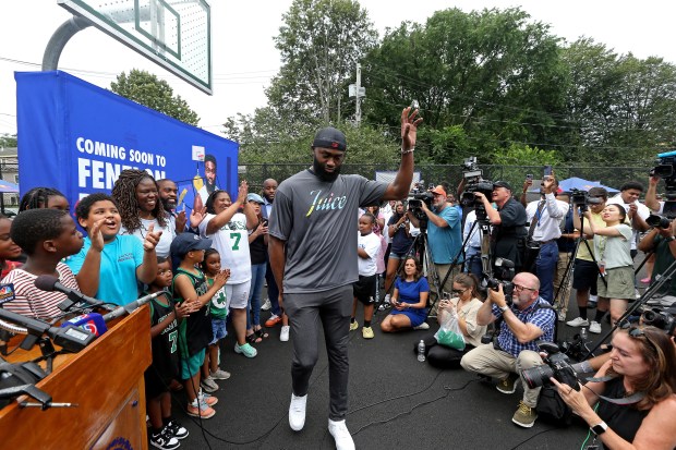 Boston Celtic Jaylen Brown is introduce as Jaylen, the Mayor and others celebrate the new basketball court at the Fenelon St. Playground on July 21, 2023 in , BOSTON, MA. (Stuart Cahill/Boston Herald)