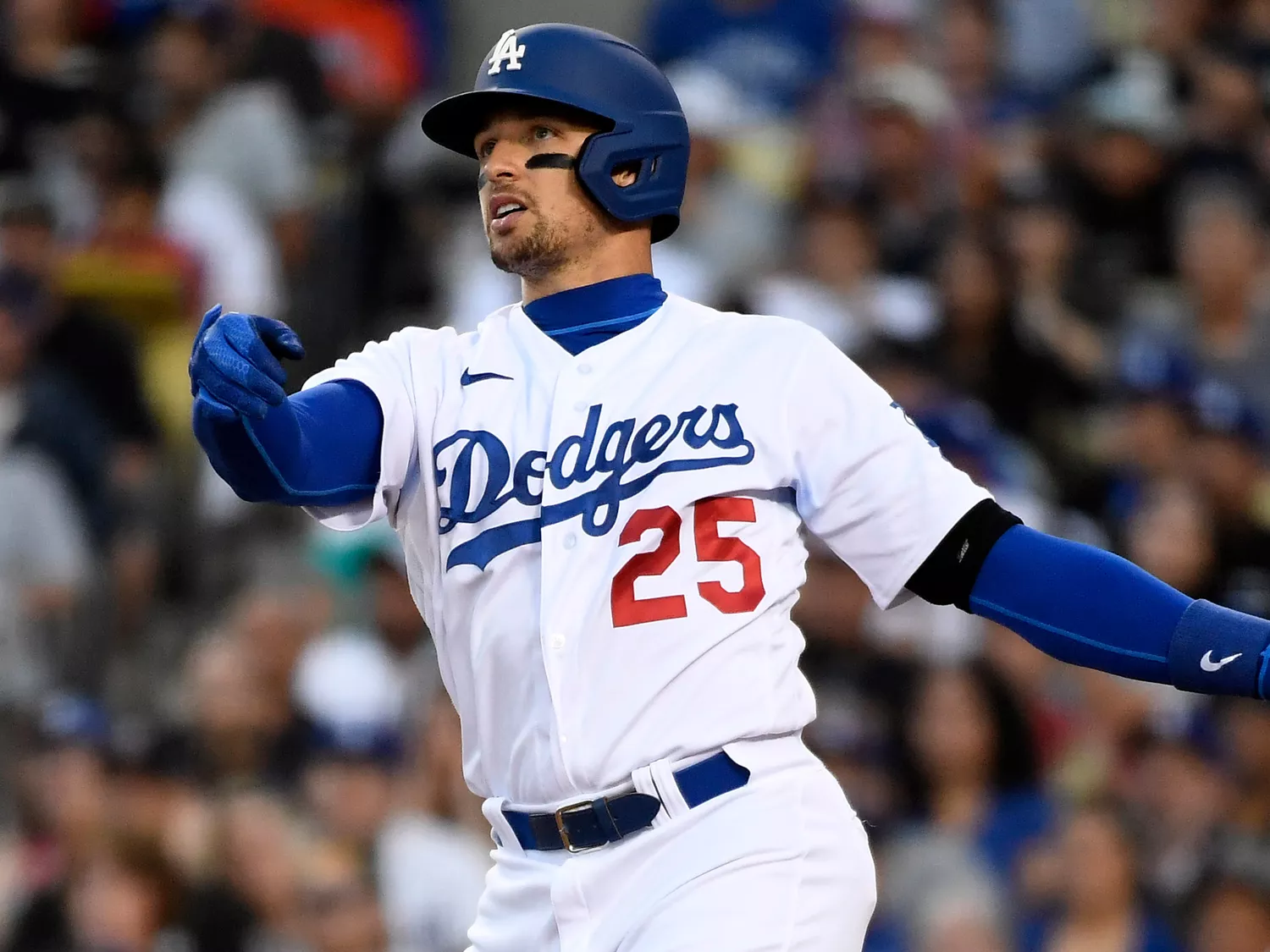 Trayce Thompson hits a three-run home run against starting pitcher Kyle Freeland of the Colorado Rockies during the fifth inning at Dodger Stadium on July 4, 2022.