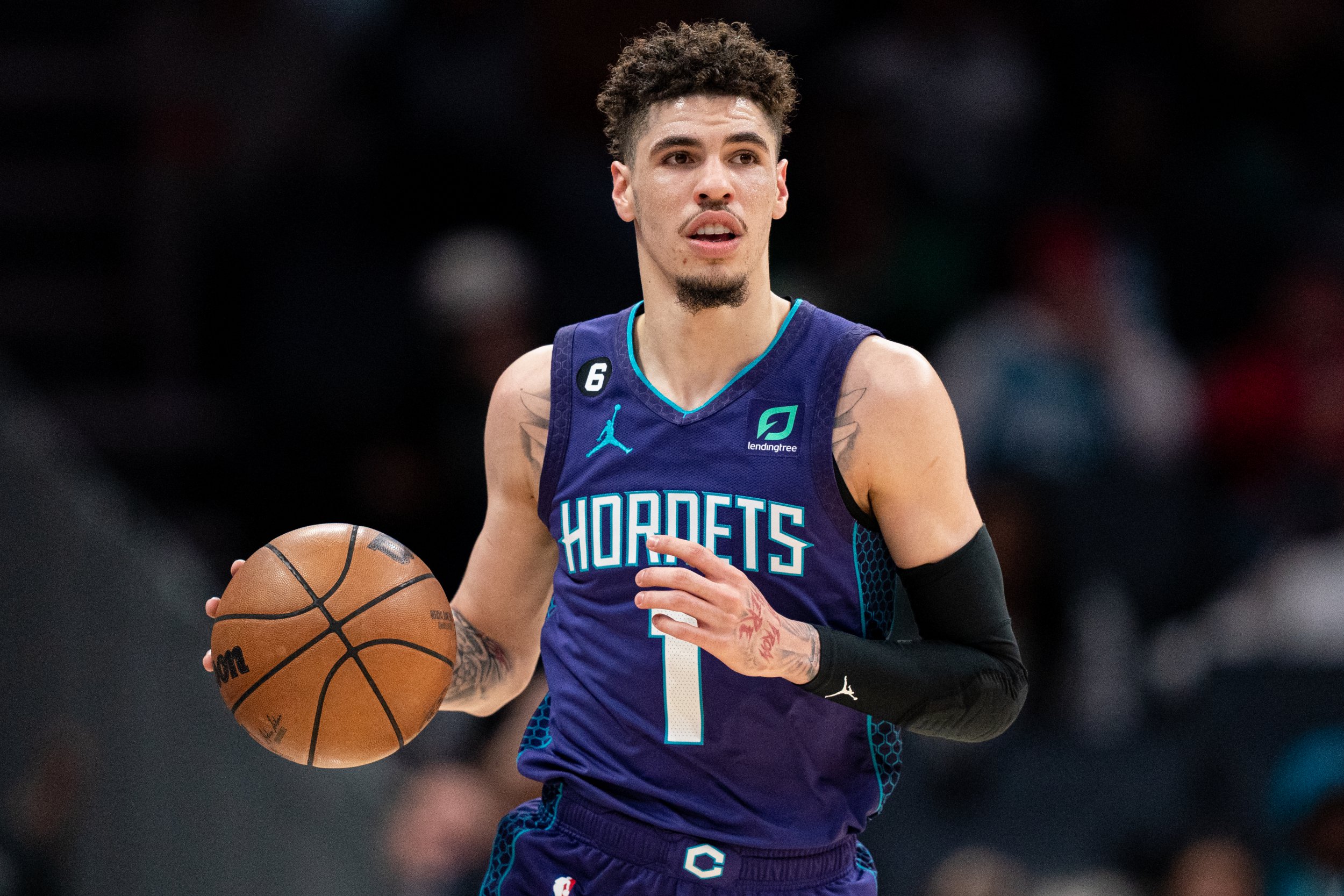 LaMelo Ball of the Charlotte Hornets bringing the ball up court