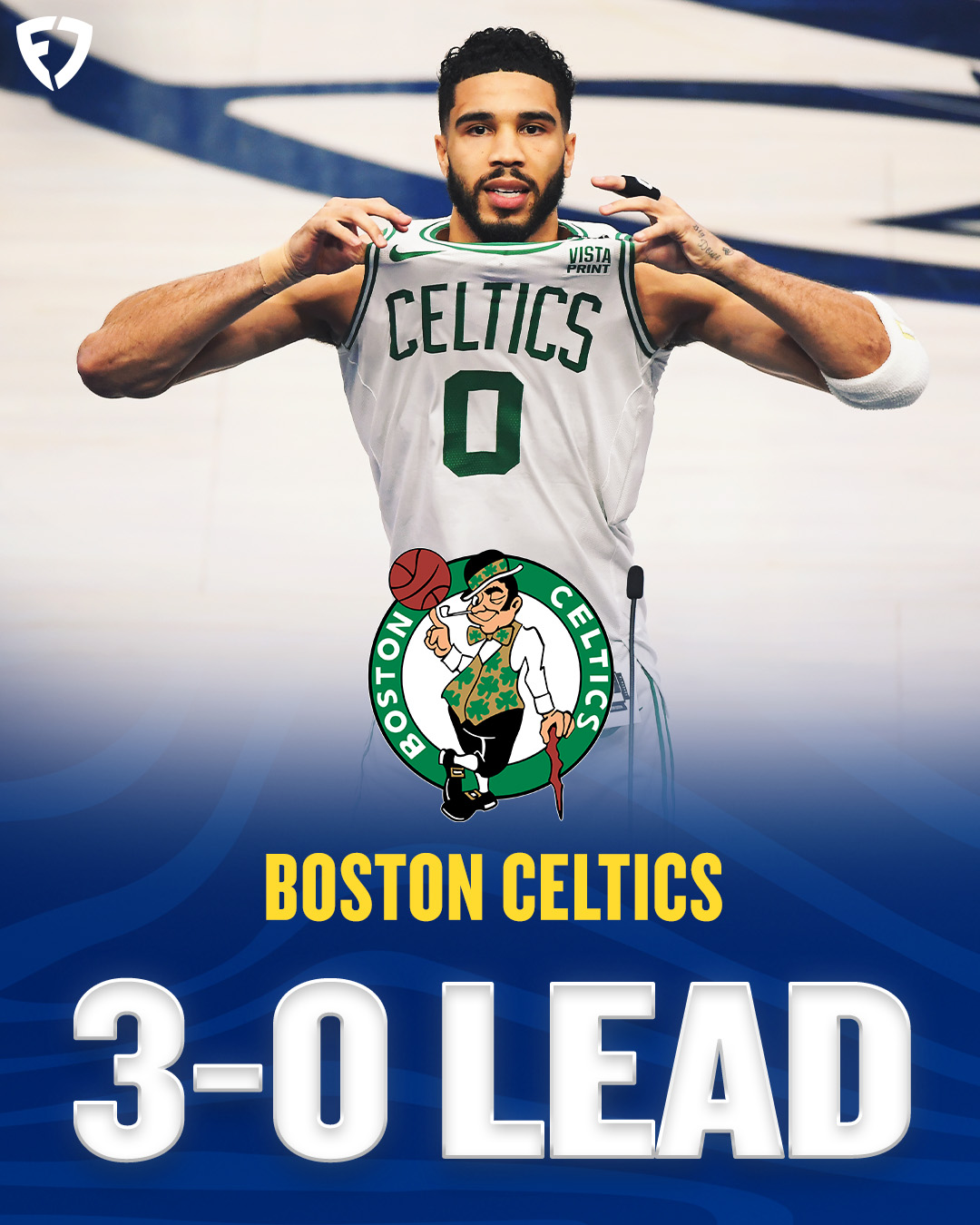 May be an image of 1 person, playing basketball and text that says "VISTA PRINT CELTICS 0 CA ON S BOSTON CELTICS 3-0 3-OLEAD"