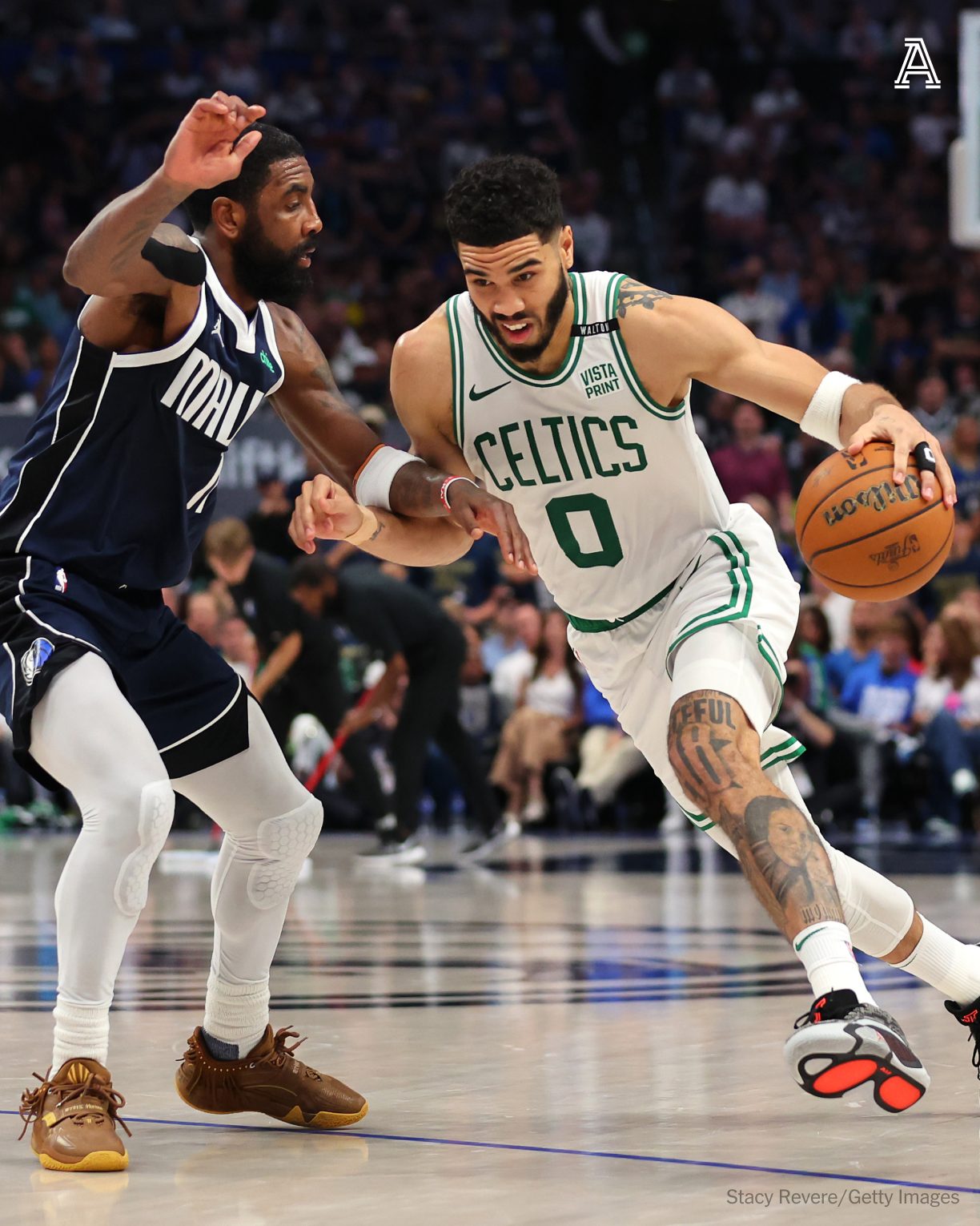 May be an image of 2 people, people playing basketball and text that says "A VISTA ISTA CELTICS PRINI PRINT O አይማራለ සගගக “ቅር ー StacyRevere/Gettylmages Getty Images Stacy Revere/Getty Revere/"