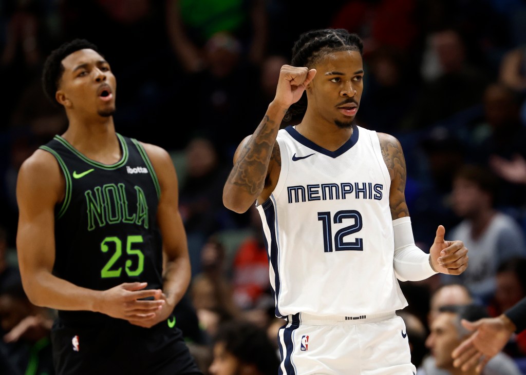  Ja Morant #12 of the Memphis Grizzlies looks on while playing the New Orleans Pelicans at Smoothie King Center.