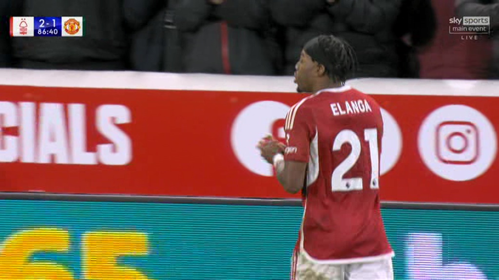 Elanga was seen pointing at the Nottingham Forest badge as he was subbed