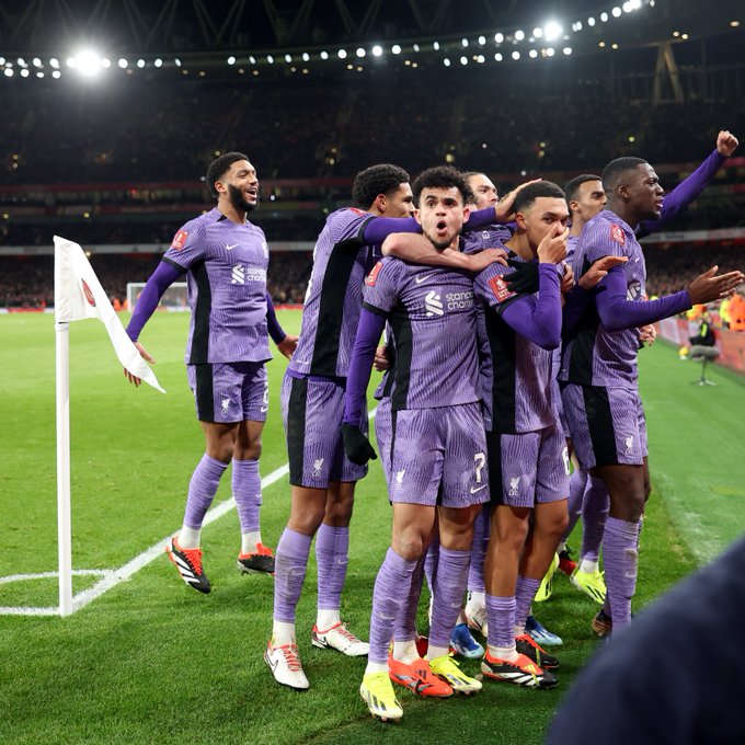 Liverpool FC celebrate in the corner after an own goal from Kiwior to make it 1-0. Konate, Gravenberch, Trent ,Nunez, Diaz, Quansah and Gomez. 