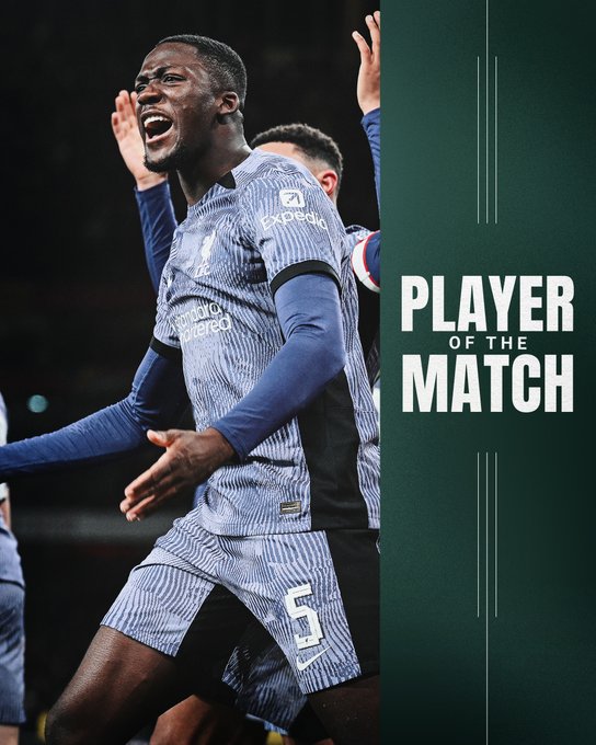 A graphic with a photo of Konate celebrating down the left side and Player of the Match in text on the right side, white text on a green background. 