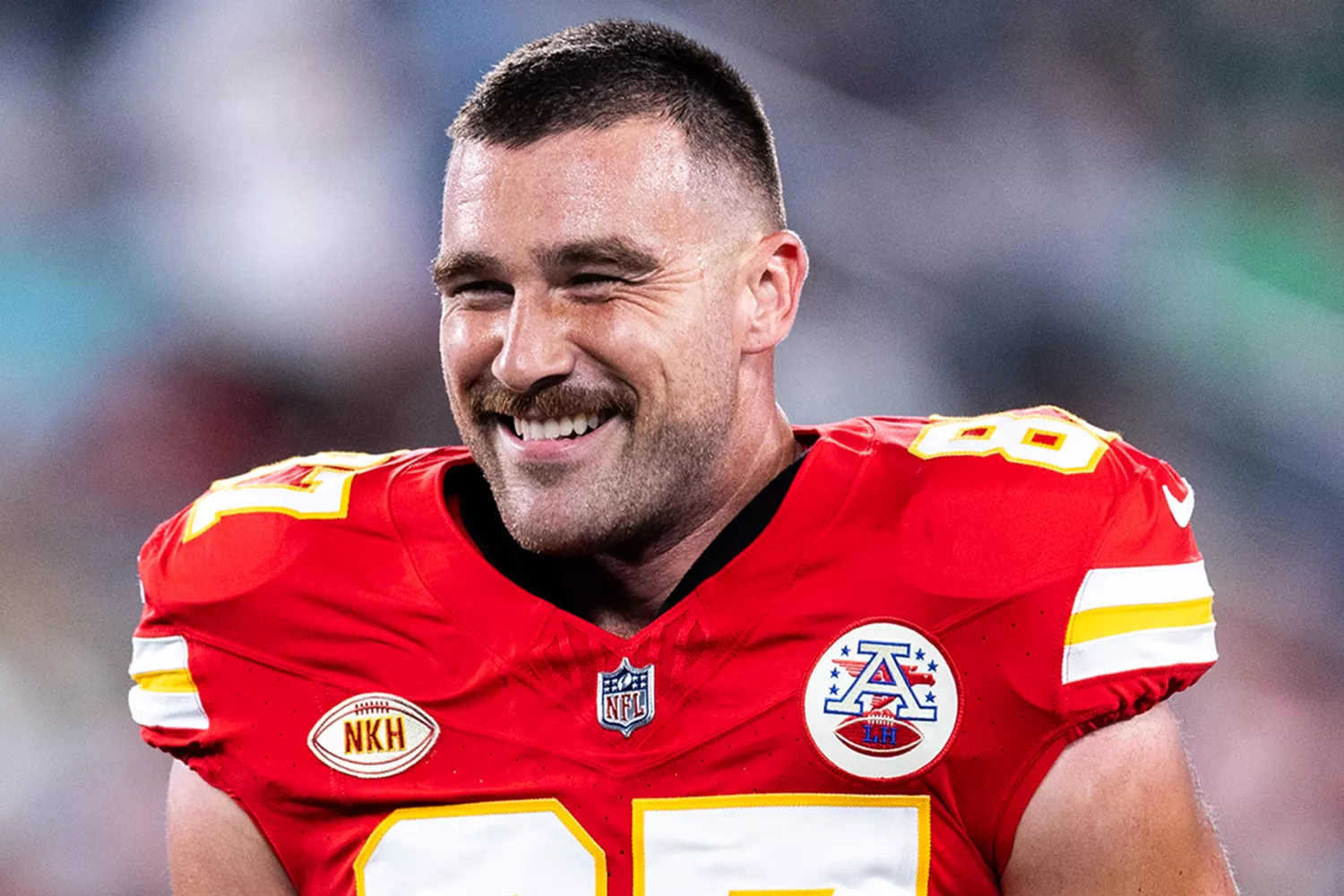 Travis Kelce #87 of the Kansas City Chiefs looks on prior to the game New York Jets at MetLife Stadium on October 01, 2023 in East Rutherford, New Jersey. 