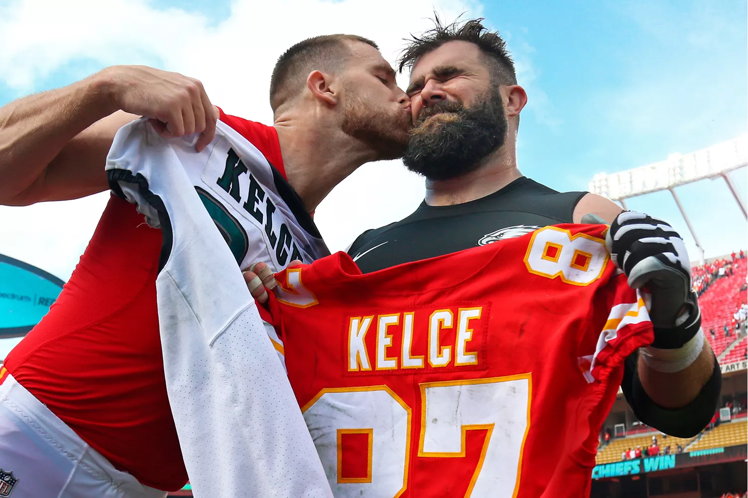 Sep 17, 2017; Kansas City, MO, USA; Kansas City Chiefs tight end Travis Kelce (87) kisses Philadelphia Eagles center Jason Kelce (62) after the game at Arrowhead Stadium