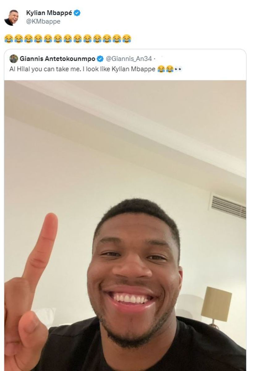 A screenshot of a Twitter exchange between Giannis Antetokounmpo and Kylian Mbappe in July 2023