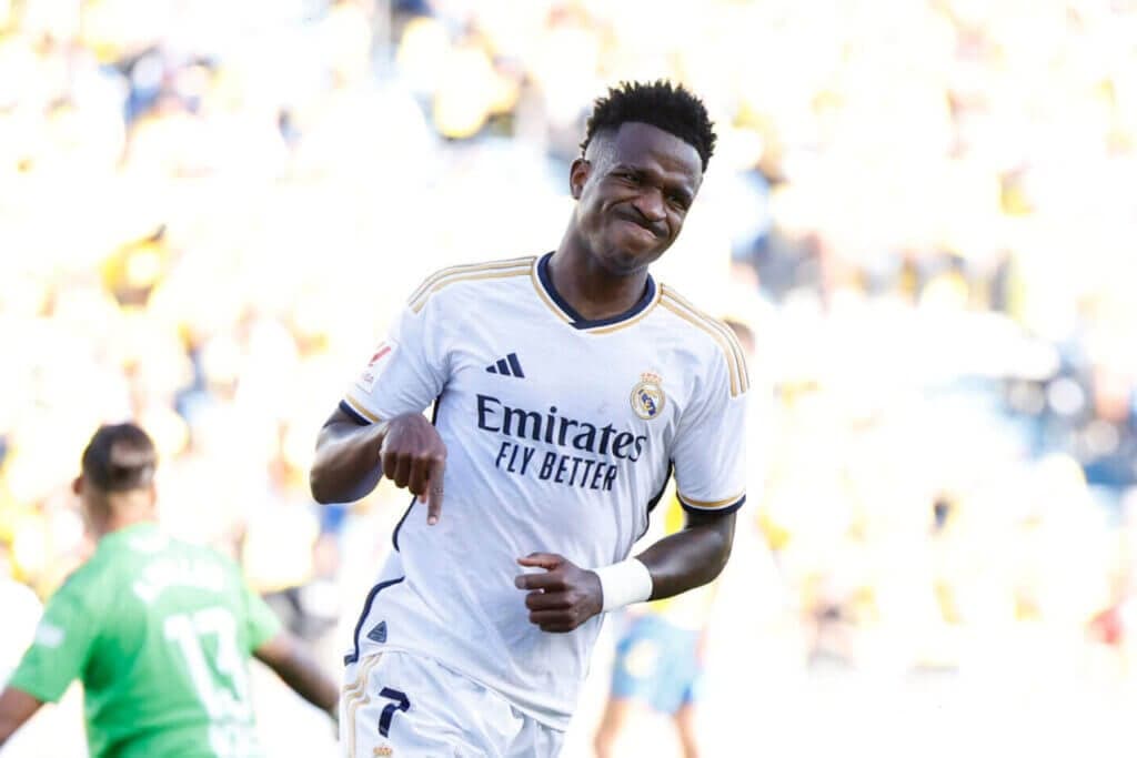 LAS PALMAS, SPAIN - JANUARY 27: Vinicius Jr., player of Real Madrid, in action during the LaLiga EA Sports match between UD Las Palmas and Real Madrid CF at Estadio Gran Canaria on January 27, 2024 in Las Palmas, Spain. (Photo by Pedro Castillo/Real Madrid via Getty Images)