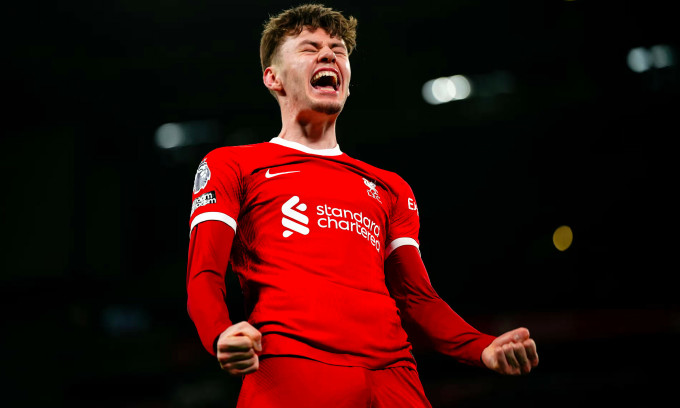 Defender Conor Bradley celebrates after assisting Liverpool's third goal against Chelsea. Photo: PA