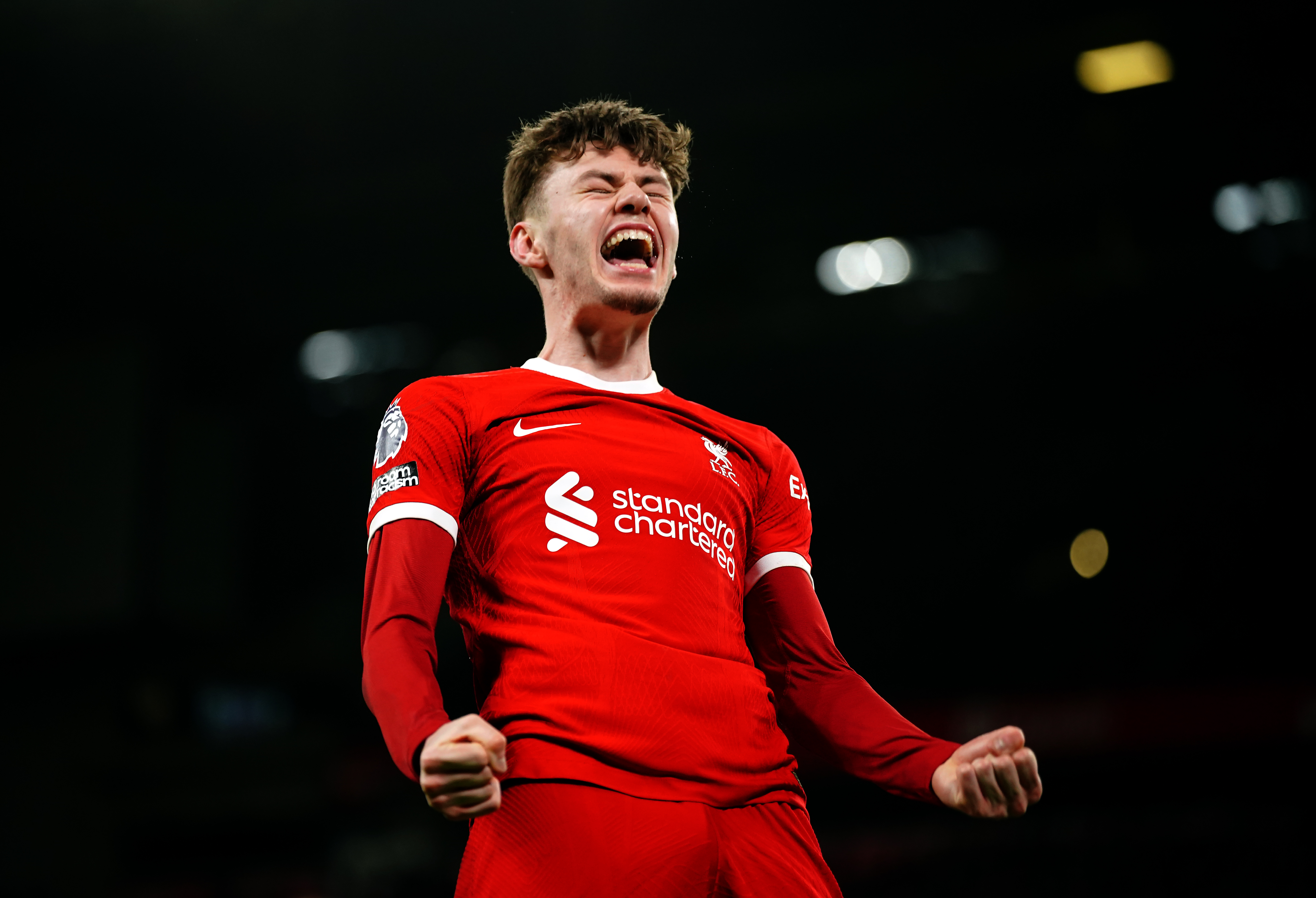 Conor Bradley roared in delight after scoring his first Liverpool goal