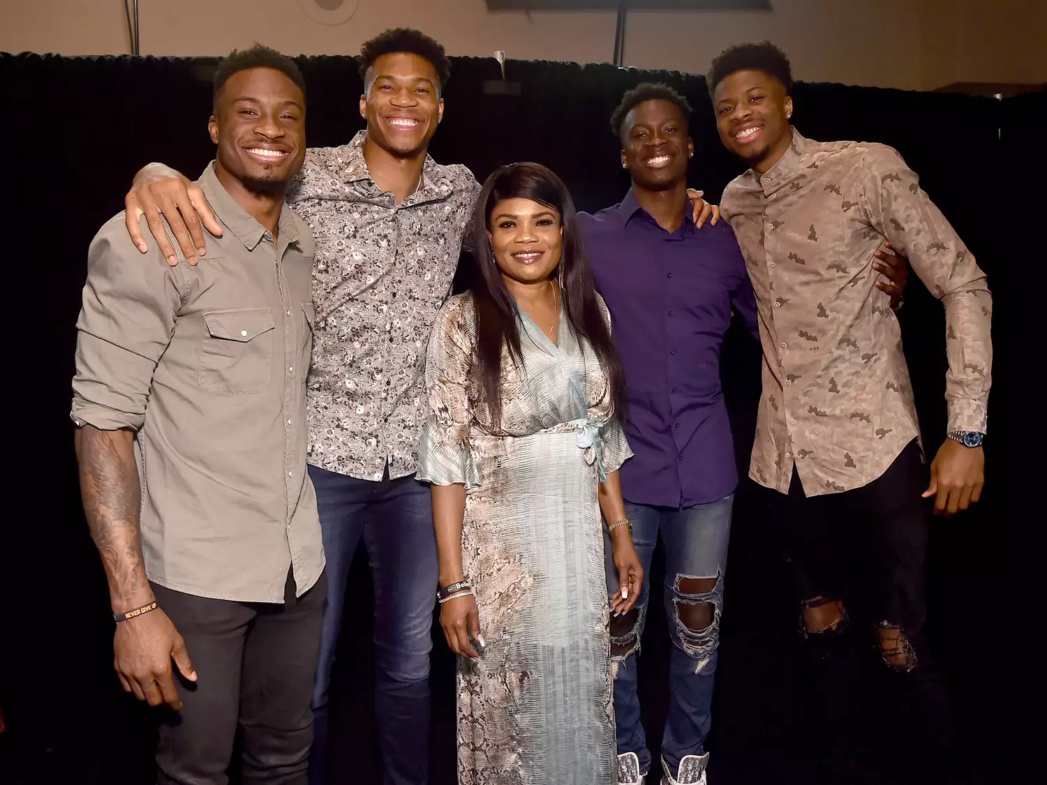 Thanasis Antetokounmpo, Giannis Antetokounmpo, Veronica "Vera" Antetokounmpo, Alex Antetokounmpo and Kostas Antetokounmpo attend the Rise press junket