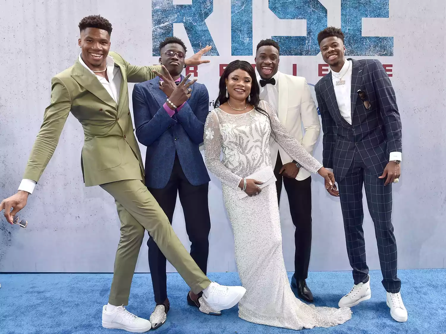 Giannis Antetokounmpo, Alex Antetokounmpo, Veronica "Vera" Antetokounmpo, Thanasis Antetokounmpo and Kostas Antetokounmpo attend the world premiere of Rise