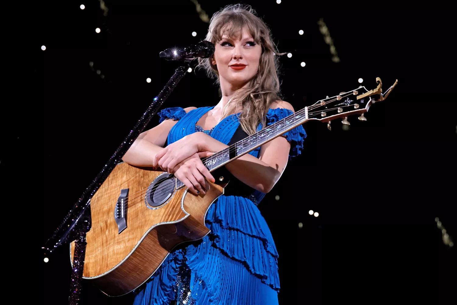 Taylor Swift performs onstage during The Eras Tour at SoFi Stadium on August 09, 2023 in Inglewood, California. 