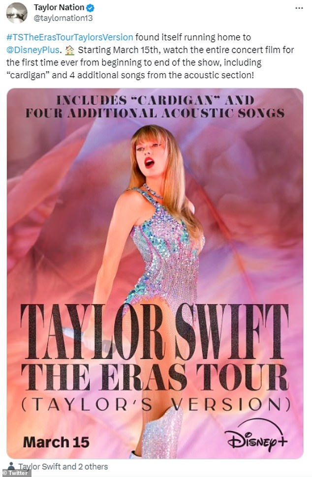 Taylor Swift's Eras Tour film is coming exclusively to Disney+ next month -  with five songs that were not available in theaters or past digital  versions | Daily Mail Online