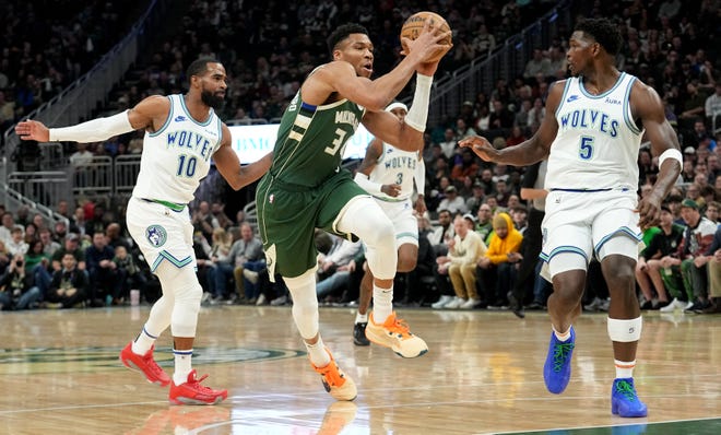 Milwaukee Bucks forward Giannis Antetokounmpo (34) sprints to the basket during the first half of their game against the Minnesota Timberwolves Thursday, February 8, 2024 at Fiserv Forum in Milwaukee, Wisconsin.
