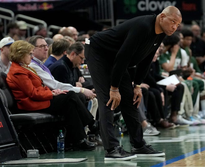 Milwaukee Bucks head coach Doc Rivers is shown during the first half of their game against the Minnesota Timberwolves Thursday, February 8, 2024 at Fiserv Forum in Milwaukee, Wisconsin.