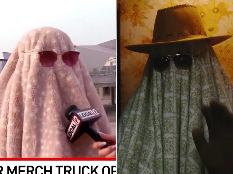 The Swiftie interviewed on RC-TV (L) and a ghost in Taylor Swift's "Anti Hero" music video (R).