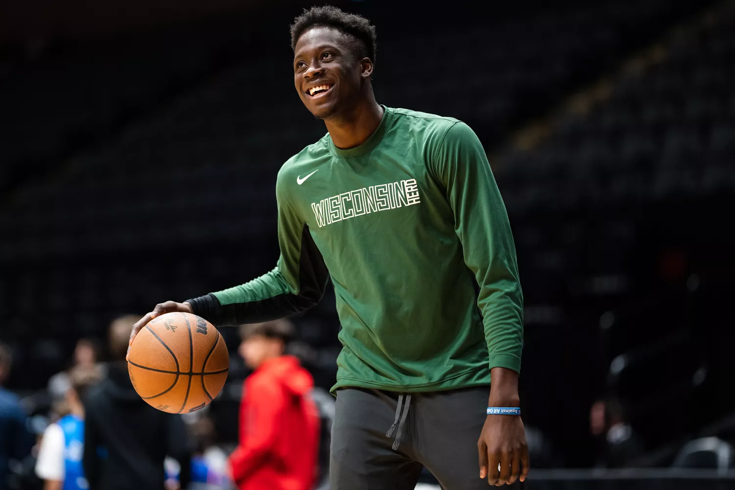 Alex Antetokounmpo #29 of the Wisconsin Herd smiles before the game against the Long Island Nets on January 30, 2023 at Nassau Coliseum in Uniondale, New York.