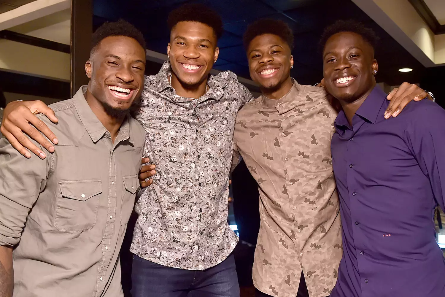 Thanasis Antetokounmpo, Giannis Antetokounmpo, Kostas Antetokounmpo and Alex Antetokounmpo attend the Rise press junket at The Hollywood Roosevelt in Los Angeles, California on June 21, 2022.