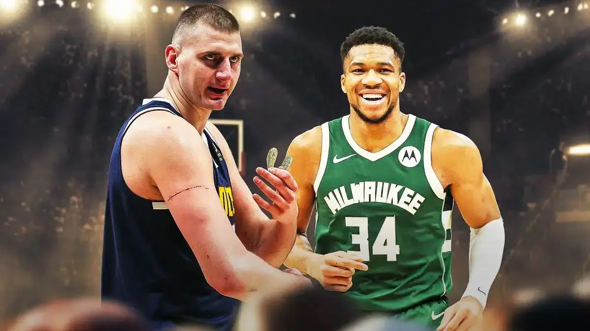 Giannis Antetokounmpo, Milwaukee Bucks, Nikola Jokic with scratch on arm