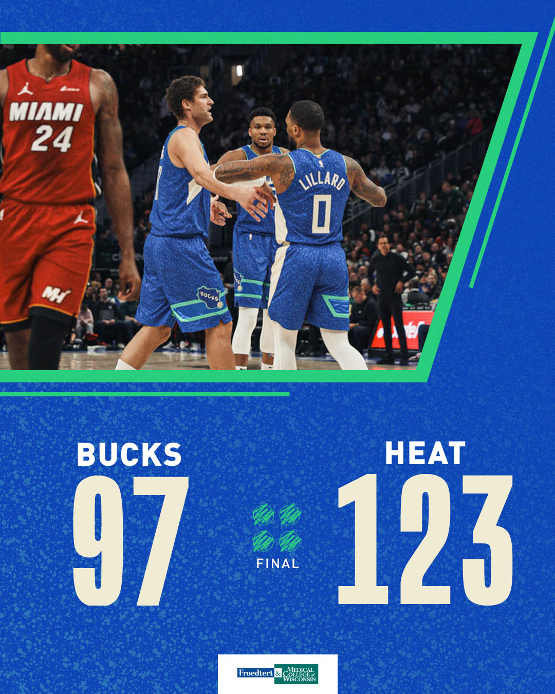 A graphic featuring a photo of Brook Lopez, Giannis Antetokounmpo, and Damian Lillard at mid-court. Text on the graphic reads, "Bucks 97, Heat 123."