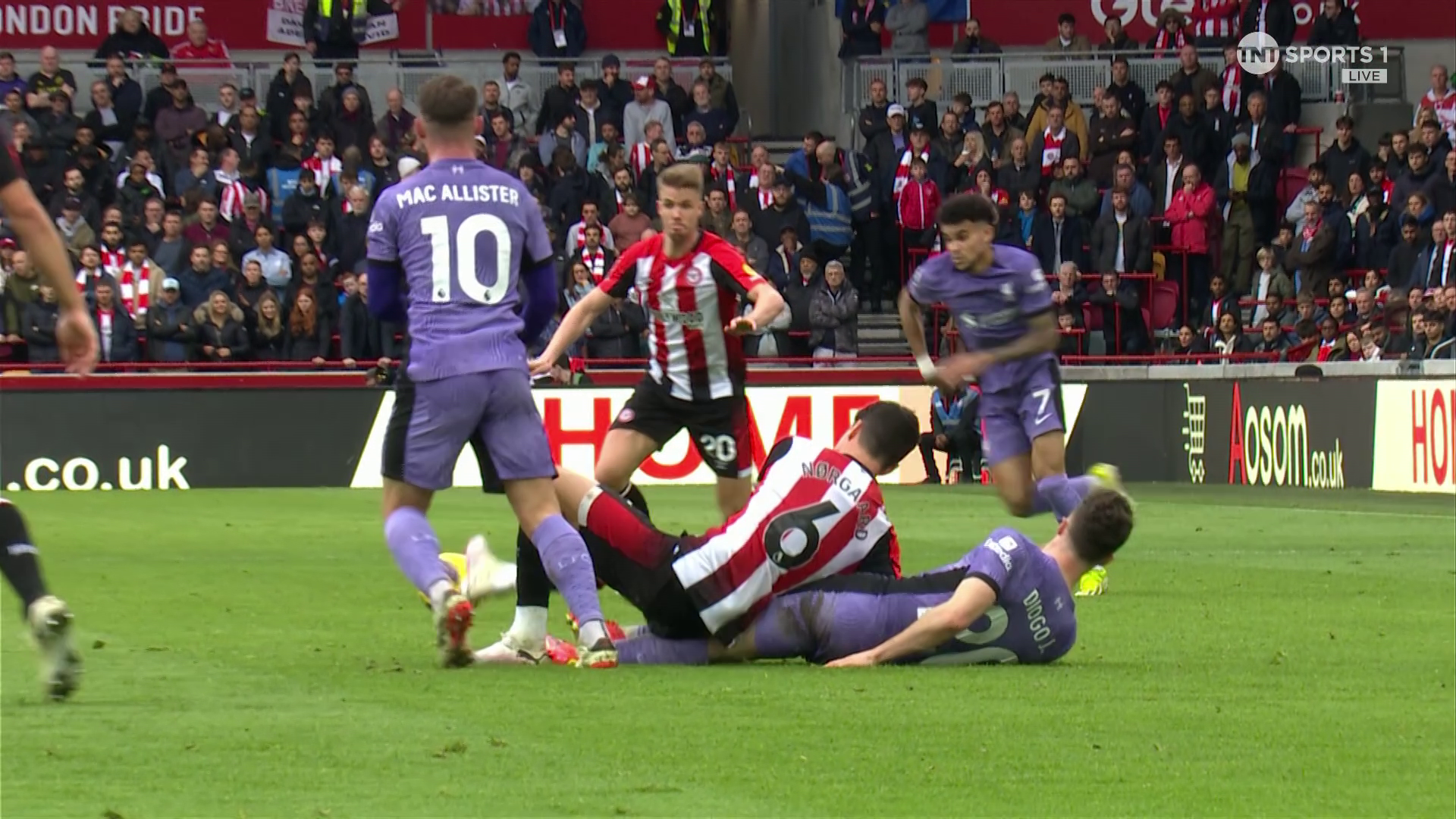 The Brentford skipper fell on top of Jota