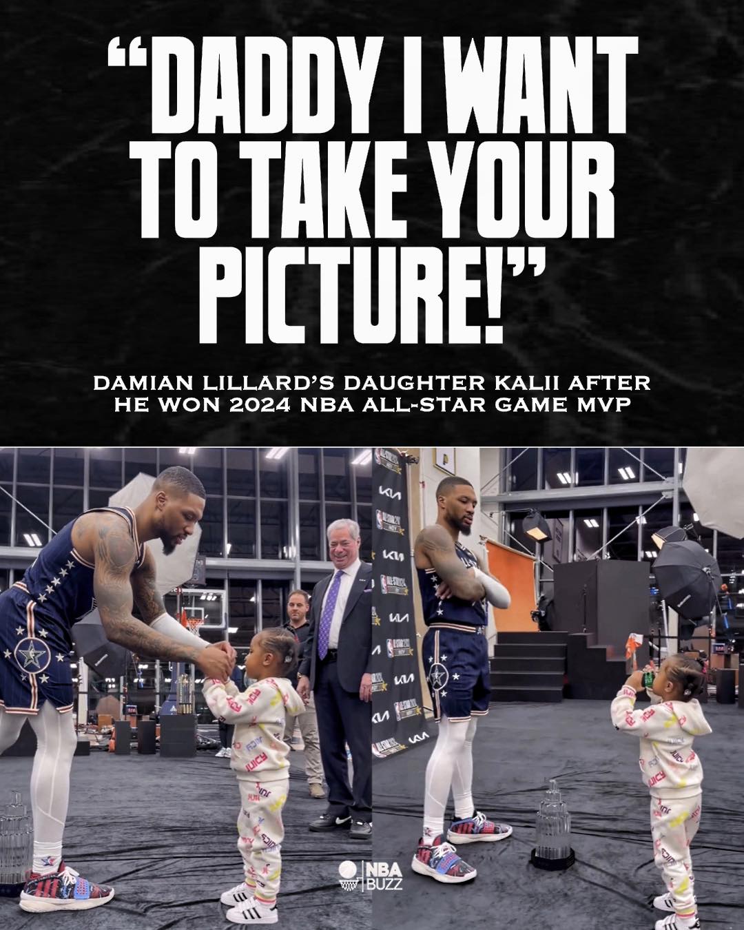 May be an image of 6 people, people playing basketball and text that says ""DADDY I WANT TO TAKE YOUR PICTURE!" DAMIAN LILLARD'S DAUGHTER KALII AFTER He WON 2024 NBA ALL-STAR GAME MVP k 11 KL f 1 иn ии La NBA 00 BUZZ"