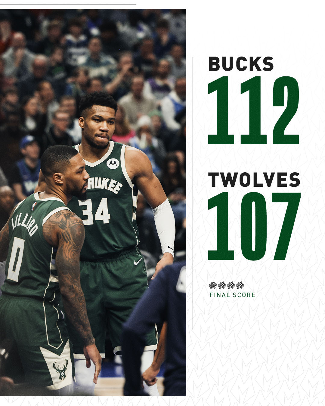 A graphic featuring a photo of Damian Lillard and Giannis Antetokounmpo. Text on the graphic reads, "Bucks 112, TWolves 107."