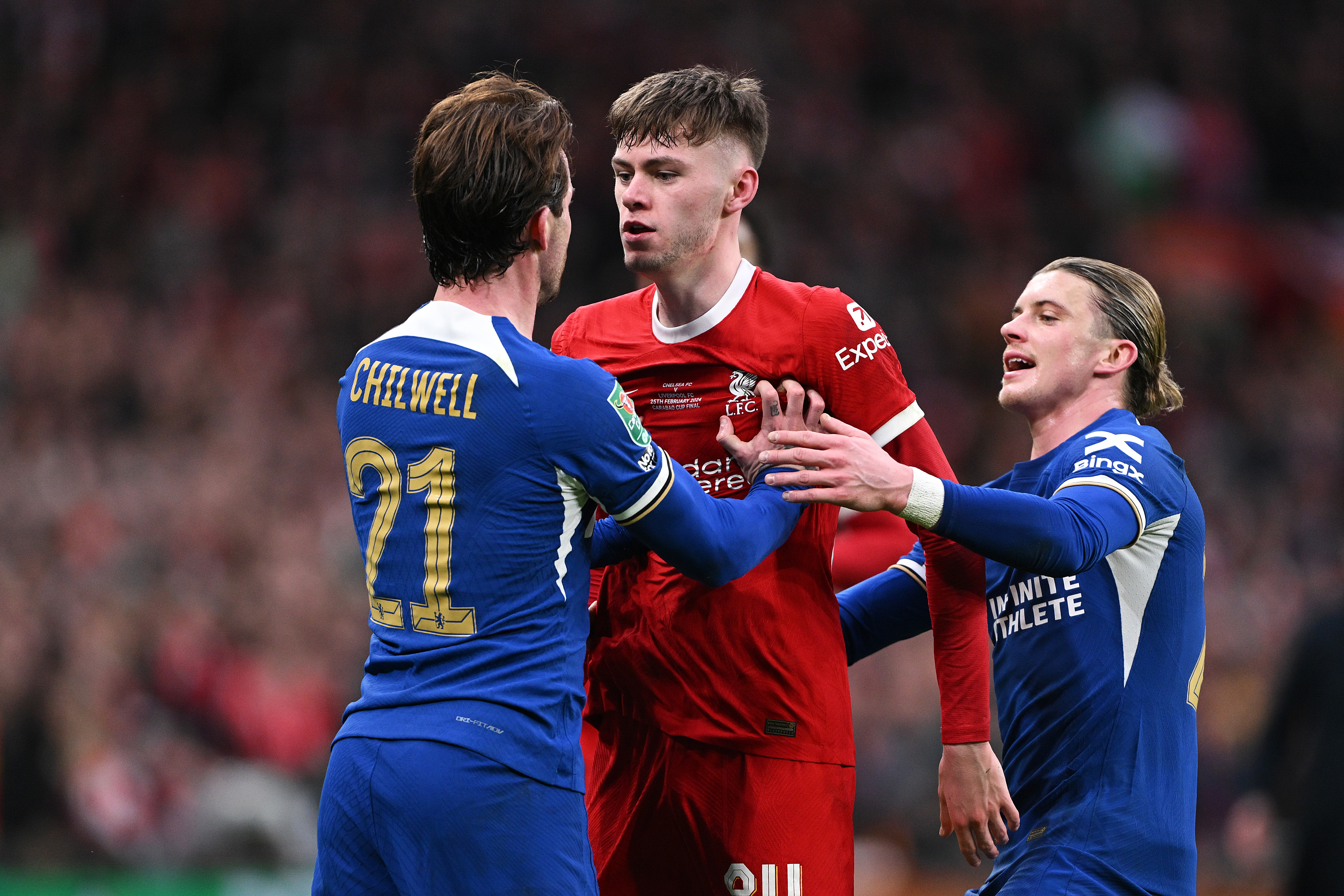 Chilwell shoved Bradley before the Liverpool star did the same back the Blues defender