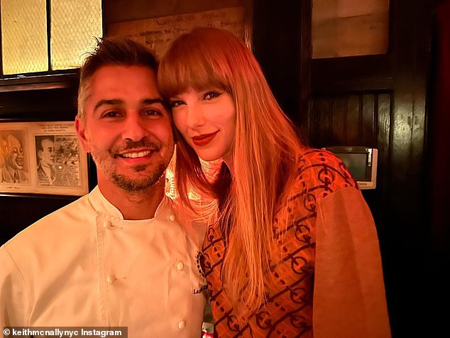 Sweet: After dinner, Swift was gracious enough to pose for photos with the restaurant's head chef, Chef Laurent