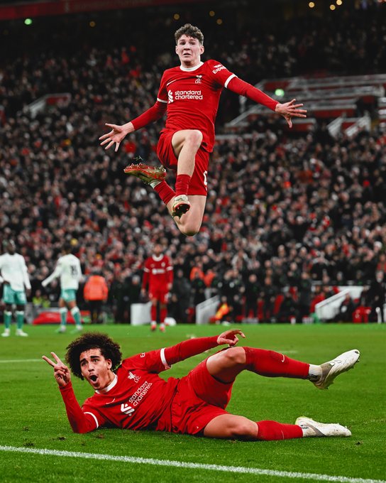 A graphic of Lewis Koumas and Jayden Danns celebrating their first goals for Liverpool Football Club at Anfield. 