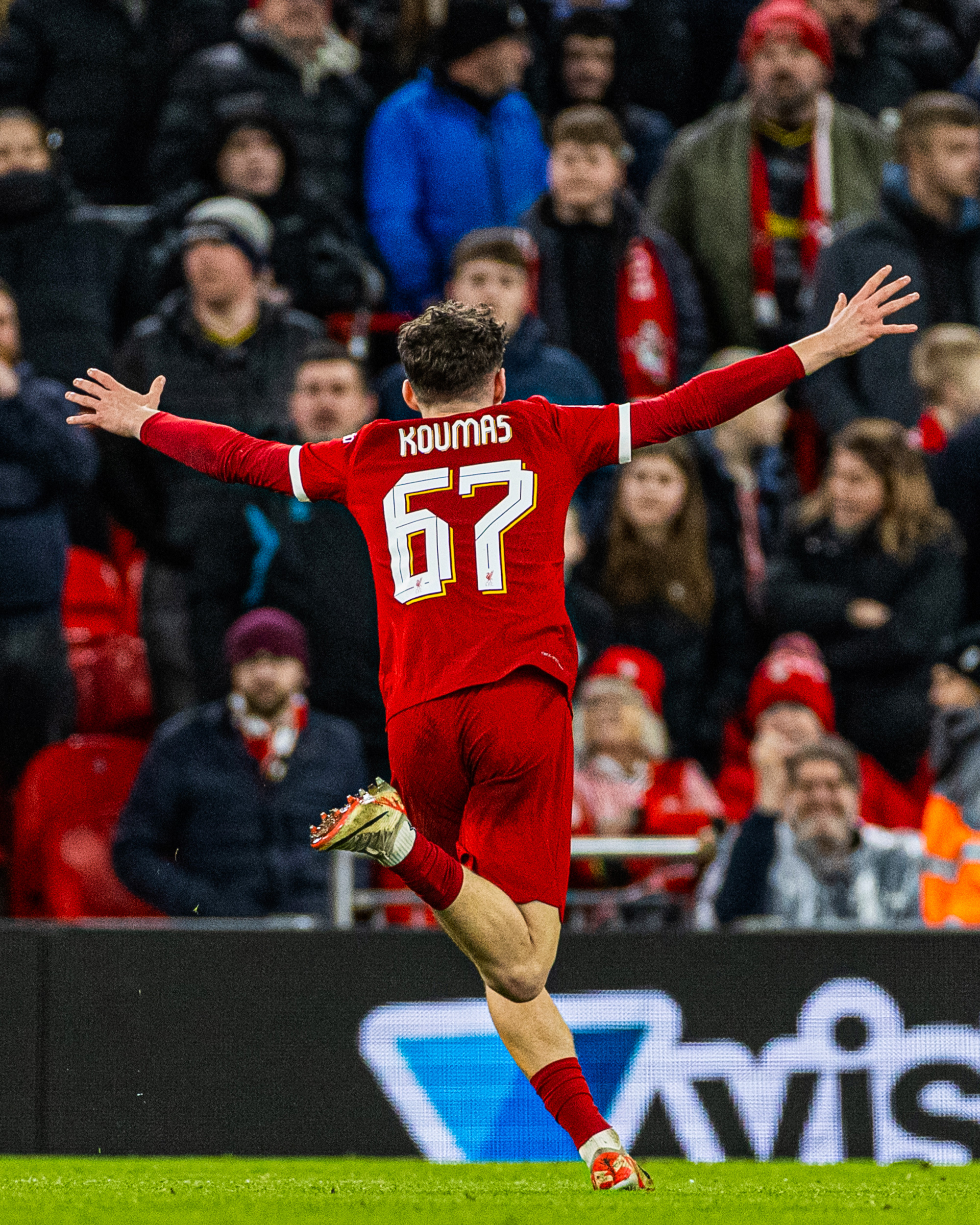 Lewis Koumas celebrates scoring a goal on his Liverpool debut vs Southampton.