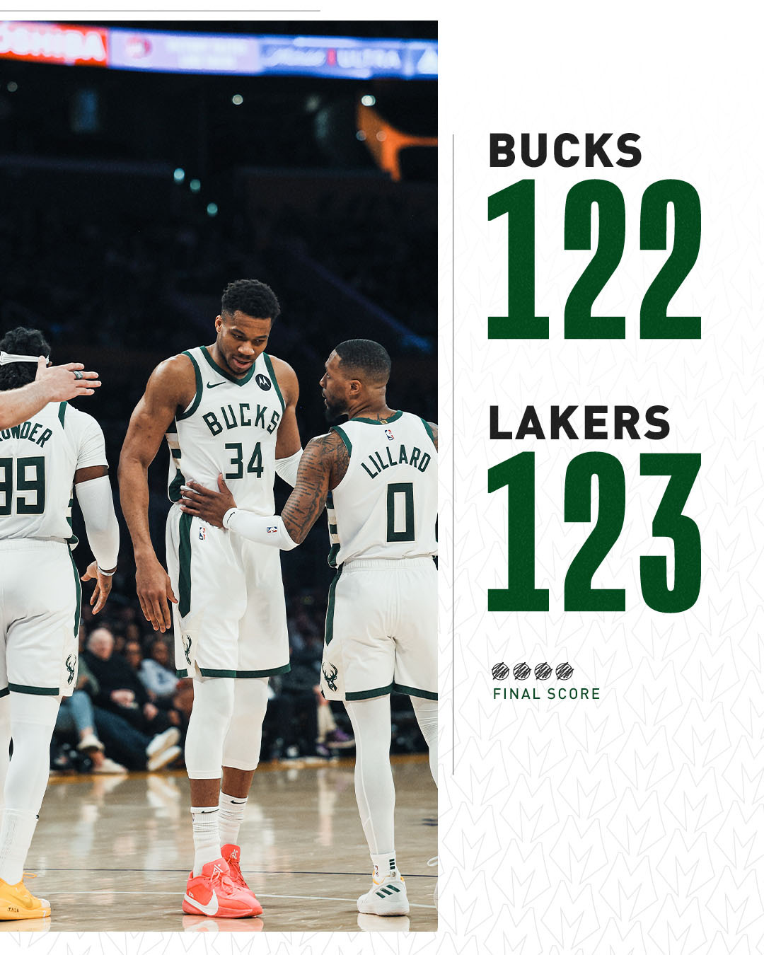 A graphic featuring a photo of Giannis Antetokounmpo and Damian Lillard on the court. Text on the graphic reads, "Bucks 122, Lakers 123."