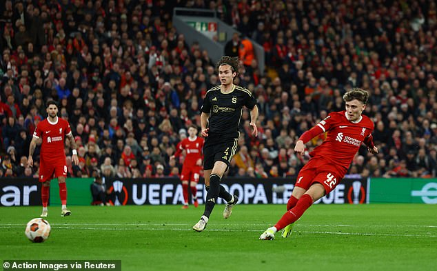 Liverpool's Uruguayan striker Darwin Nunez opened the scoring at Anfield after just seven minutes before Bobby Clark (above) slotted home his first for the club