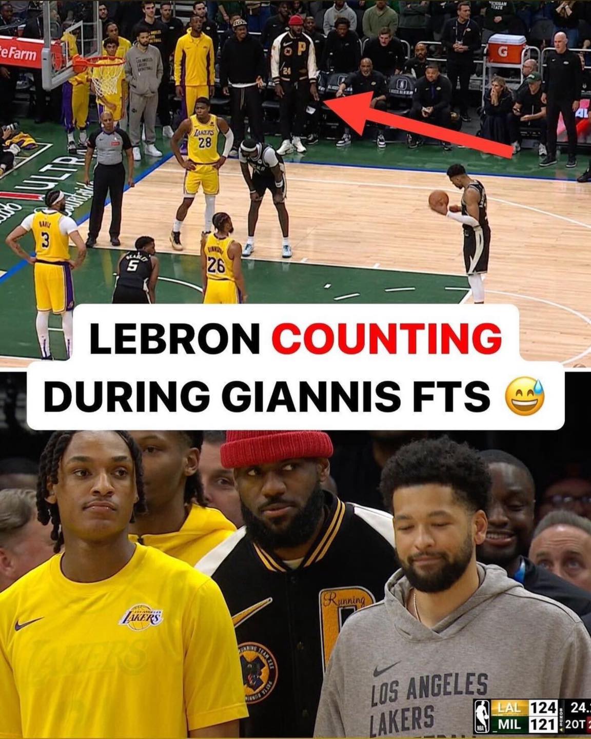 May be an image of 2 people, people playing basketball, crowd and text that says "eFarm /AKZAS 28 00 LEBRON COUNTING DURING GIANNIS FTS LOS ANGELES AKERS LAL 124 24 MIL 121 20T"