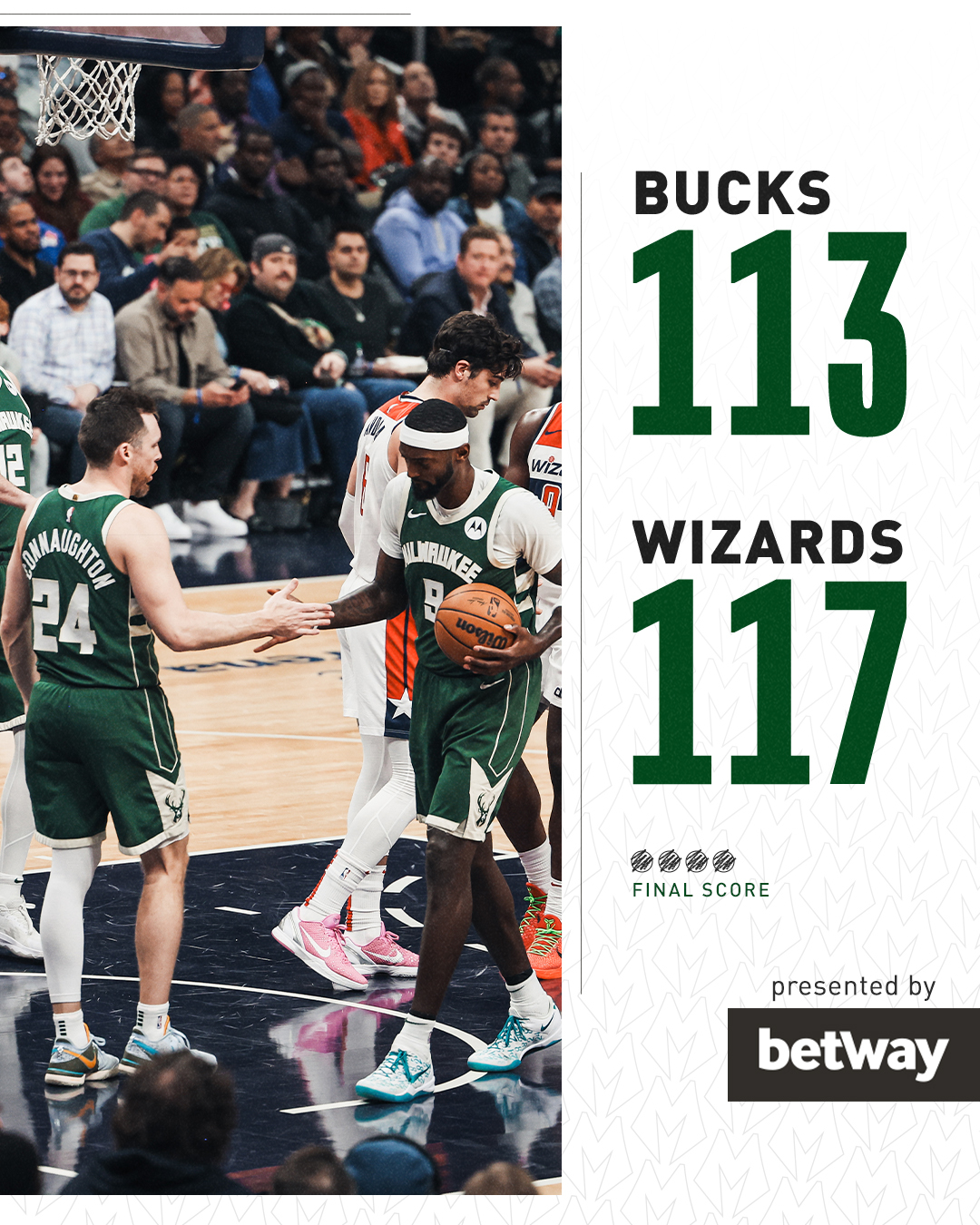 May be an image of 2 people, people playing basketball, crowd and text that says "2 QMAIGHTOW 24 BUCKS 113 WiZ WIZARDS 117 DOIV FINAL SCORE presented by betway"