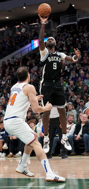 Milwaukee Bucks forward Bobby Portis (9) hit a jump shot during the second half of their game Sunday, April 7, 2024 at Fiserv Forum in Milwaukee, Wisconsin. The New York Knicks beat the Milwaukee Bucks 122-109.