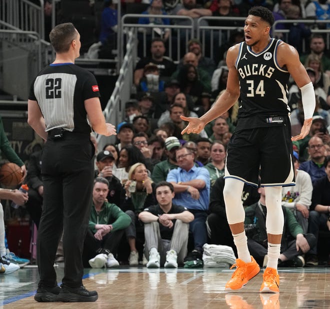 Milwaukee Bucks forward Giannis Antetokounmpo (34) complains to referee JB DeRosa (22) during the second half of their game Sunday, April 7, 2024 at Fiserv Forum in Milwaukee, Wisconsin. The New York Knicks beat the Milwaukee Bucks 122-109.